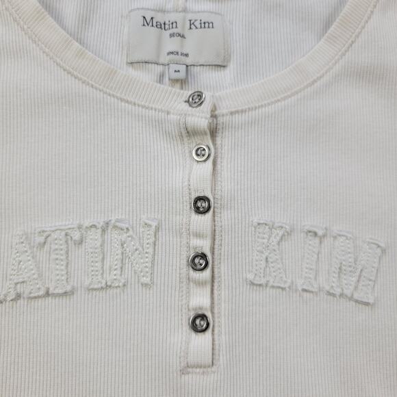 Matin Kim Applique Logo Henley Top Sweater Size M White Long Sleeve K-Pop Korea - Picture 9 of 15